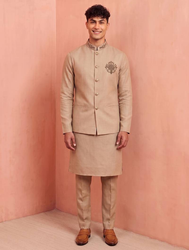 Men linen kurta trouser and jacket set