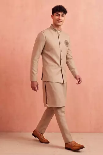 Men linen kurta trouser and jacket set