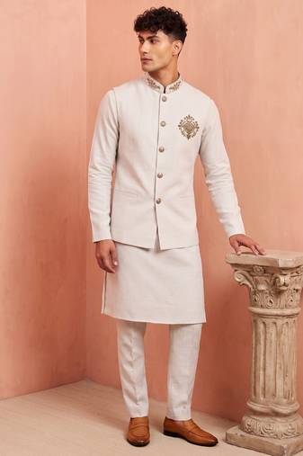 Men premium linen kurta trouser and jacket set