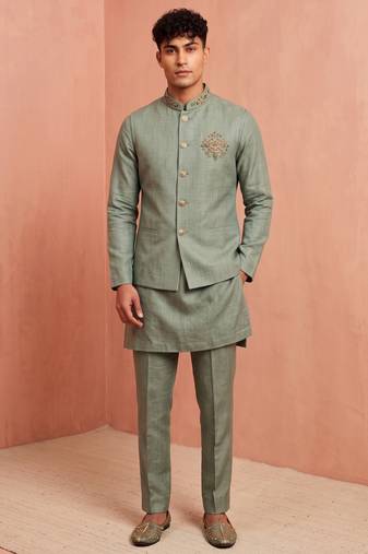 Men linen kurta trouser and jacket set