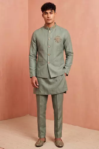 Men linen kurta trouser and jacket set