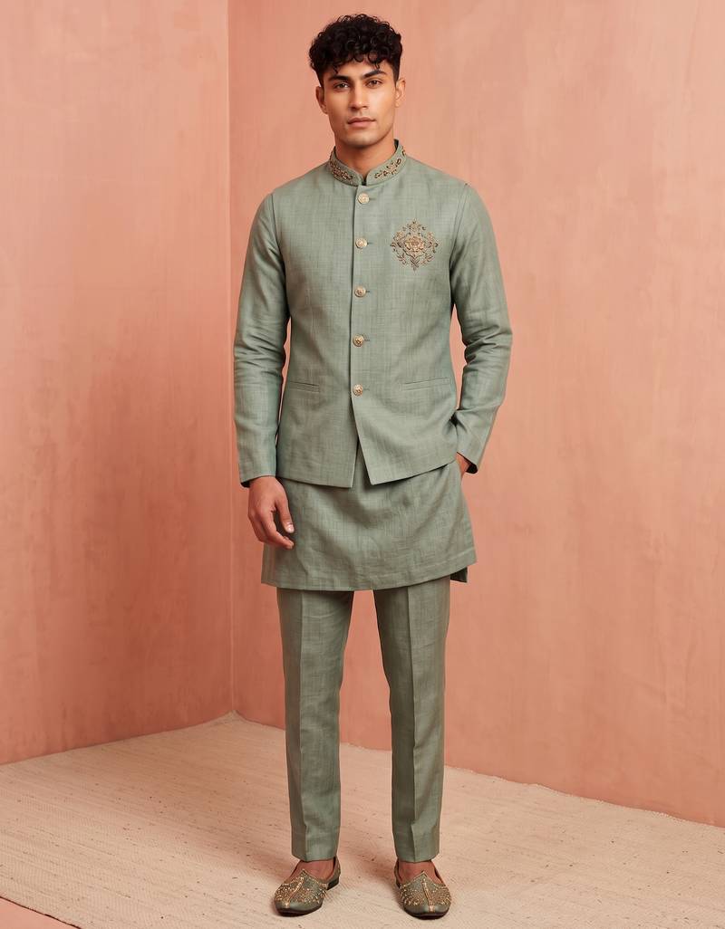 Men linen kurta trouser and jacket set