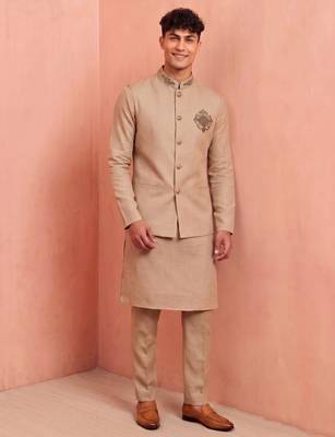 Men linen kurta trouser and jacket set 3