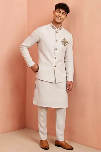 Men premium linen kurta trouser and jacket set