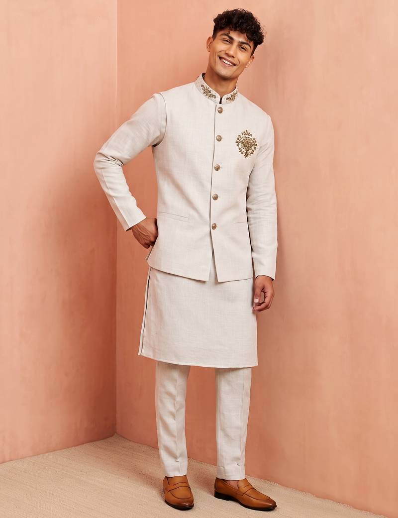 Men premium linen kurta trouser and jacket set