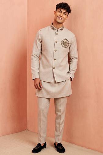 Men linen kurta trouser and jacket set