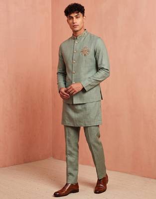 Men linen kurta trouser and jacket set 2