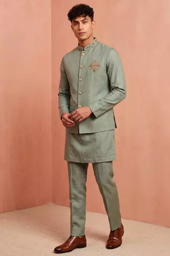 Men linen kurta trouser and jacket set