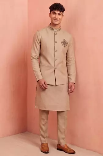 Men linen kurta trouser and jacket set