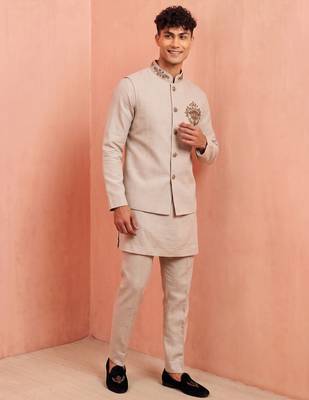 Men linen kurta trouser and jacket set 2