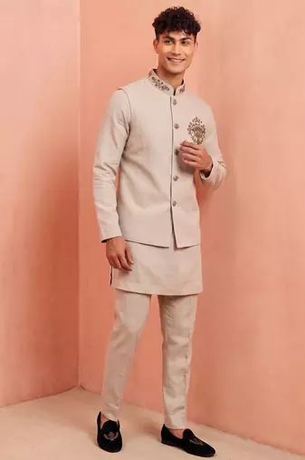 Men linen kurta trouser and jacket set