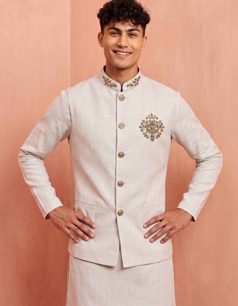 Men premium linen kurta trouser and jacket set