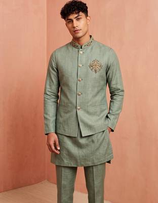 Men linen kurta trouser and jacket set 3