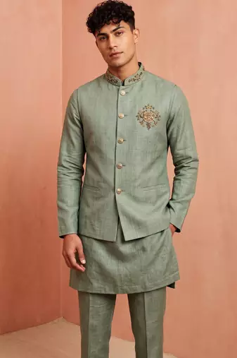 Men linen kurta trouser and jacket set