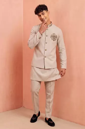 Men linen kurta trouser and jacket set