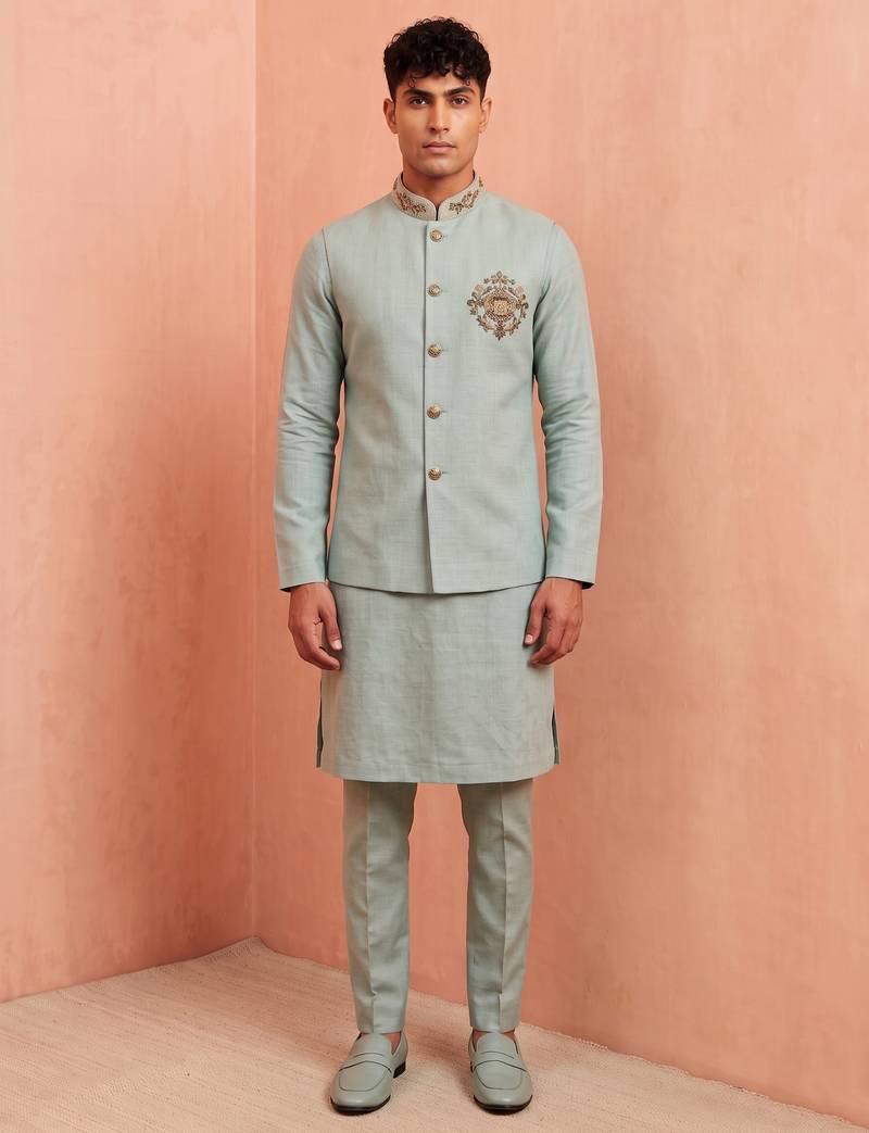 Men linen kurta trouser and jacket set