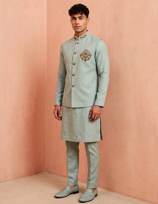 Men linen kurta trouser and jacket set 2