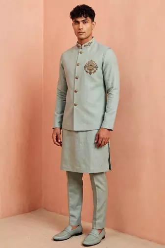 Men linen kurta trouser and jacket set