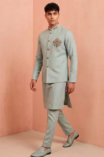 Men linen kurta trouser and jacket set