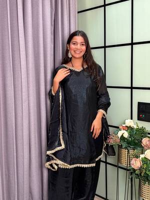black color mirror and moti embellished lace border silk blend kurti pant set 1
