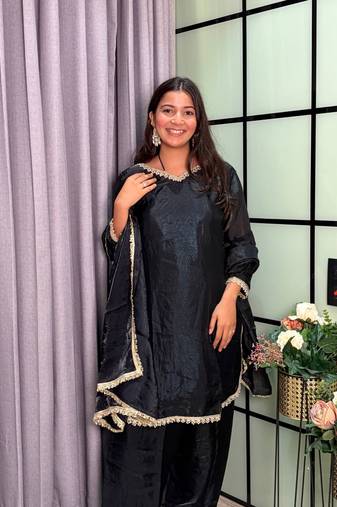 black color mirror and moti embellished lace border silk blend kurti pant set