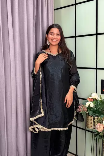 black color mirror and moti embellished lace border silk blend kurti pant set