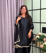 black color mirror and moti embellished lace border silk blend kurti pant set