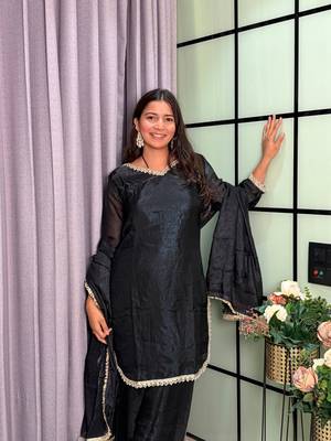 black color mirror and moti embellished lace border silk blend kurti pant set 2