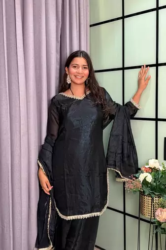 black color mirror and moti embellished lace border silk blend kurti pant set