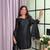 black color mirror and moti embellished lace border silk blend kurti pant set