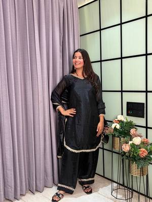 black color mirror and moti embellished lace border silk blend kurti pant set 3