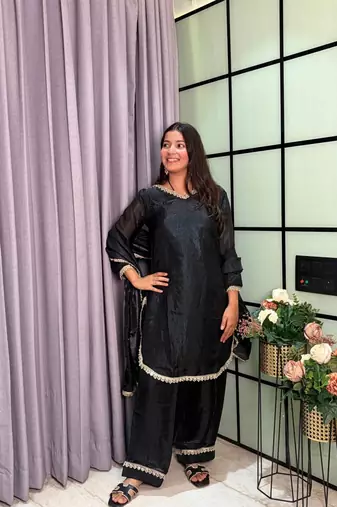 black color mirror and moti embellished lace border silk blend kurti pant set