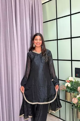 black color mirror and moti embellished lace border silk blend kurti pant set