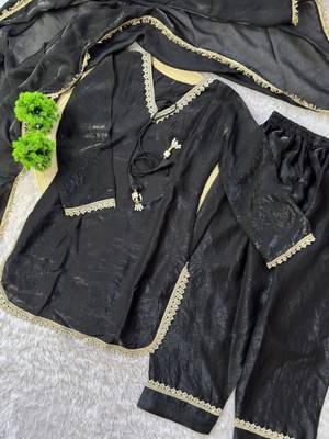 black color mirror and moti embellished lace border silk blend kurti pant set 5