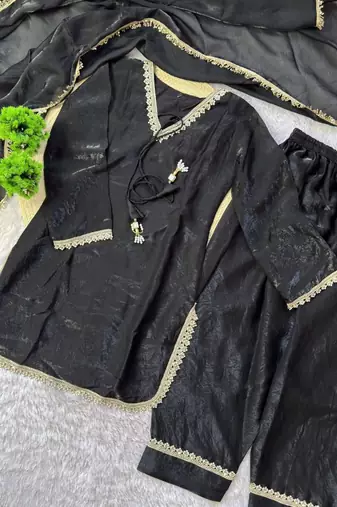 black color mirror and moti embellished lace border silk blend kurti pant set