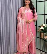 peach color mirror and moti embellished lace border silk blend kurti pant set