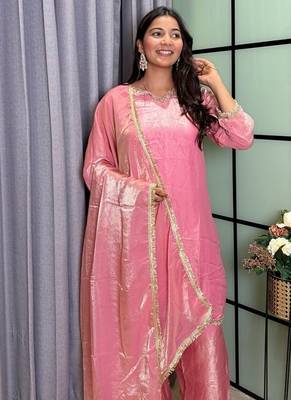 peach color mirror and moti embellished lace border silk blend kurti pant set 2