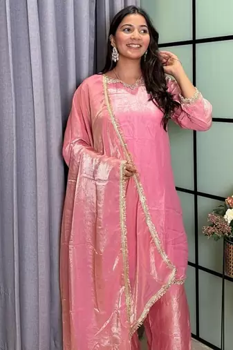 peach color mirror and moti embellished lace border silk blend kurti pant set