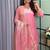 peach color mirror and moti embellished lace border silk blend kurti pant set