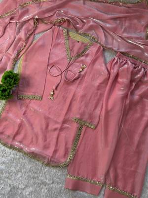 peach color mirror and moti embellished lace border silk blend kurti pant set 5