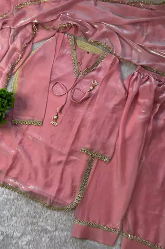 peach color mirror and moti embellished lace border silk blend kurti pant set