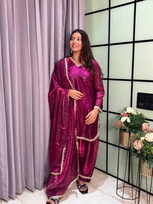 plum color mirror and moti embellished lace border silk blend kurti pant set 1