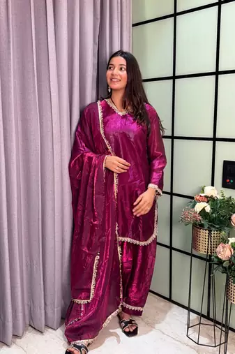 plum color mirror and moti embellished lace border silk blend kurti pant set