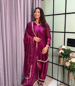 plum color mirror and moti embellished lace border silk blend kurti pant set