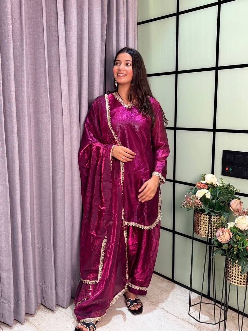 plum color mirror and moti embellished lace border silk blend kurti pant set