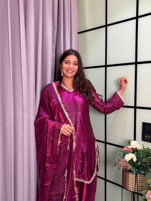 plum color mirror and moti embellished lace border silk blend kurti pant set 2