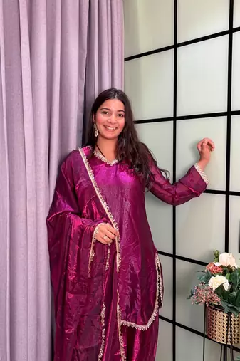 plum color mirror and moti embellished lace border silk blend kurti pant set