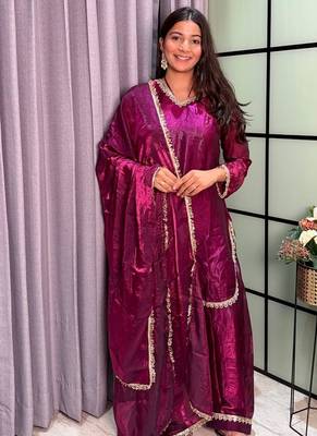 plum color mirror and moti embellished lace border silk blend kurti pant set 3