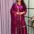 plum color mirror and moti embellished lace border silk blend kurti pant set