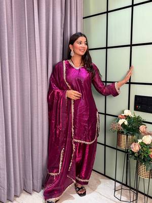 plum color mirror and moti embellished lace border silk blend kurti pant set 4